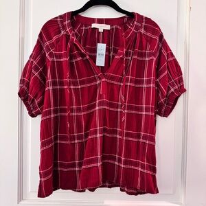 NWT cotton Loft short sleeve plaid blouse size Large Petite Christmas or holiday